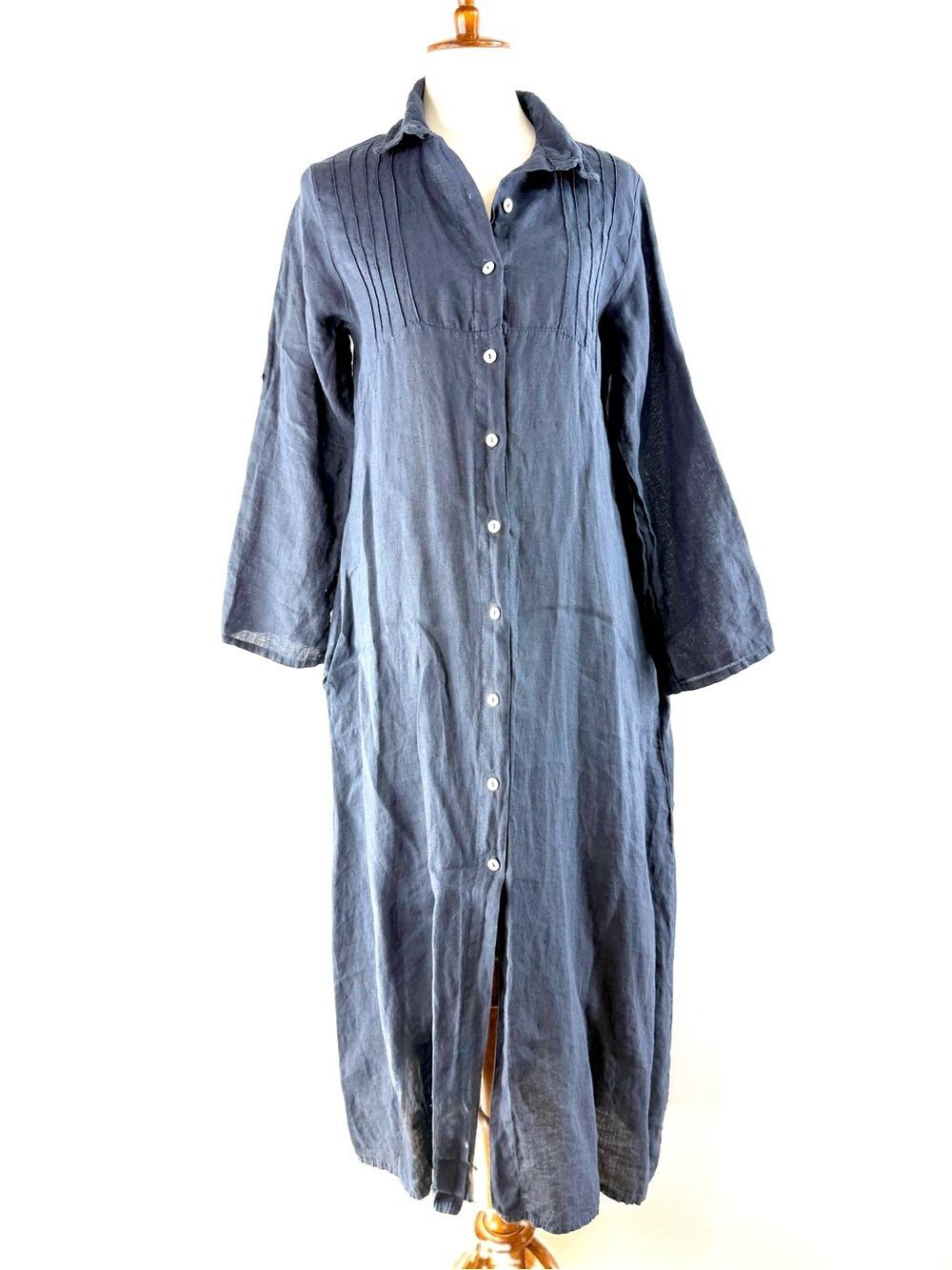 Made In Italty Deep Navy Blue Long Button-Front 100% Linen Midi Shirt Dress